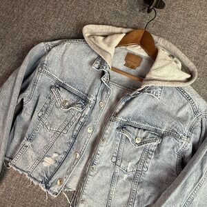 American Eagle Womens Denim Jacket | Size M | Distressed Hooded Cropped